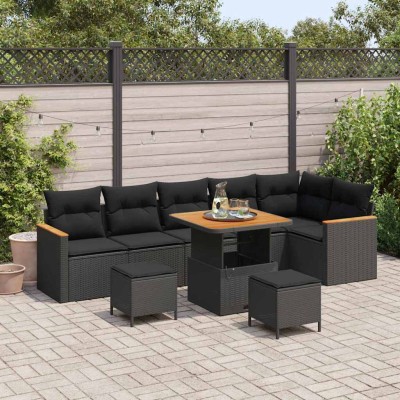 Conjunto de sofá de jardín con cojín 9 pcs Negro Poliratán