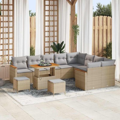 Conjunto de sofá de jardín con cojín 12 pcs Beige Poliratán