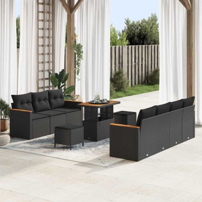 Conjunto de sofá de jardín con cojín 10 pcs Negro Poliratán