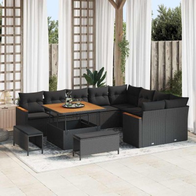 Conjunto de sofá de jardín con cojín 12 pcs Negro Poliratán
