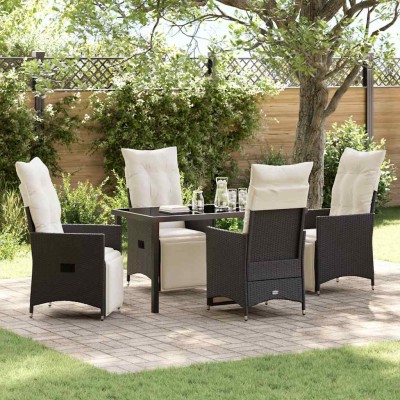 Conjunto de Comedor de Jardín con cojín 5 pcs Negro Poliratán