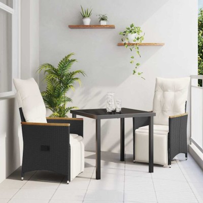 Conjunto de Comedor de Jardín con cojín 3 pcs Negro Poliratán